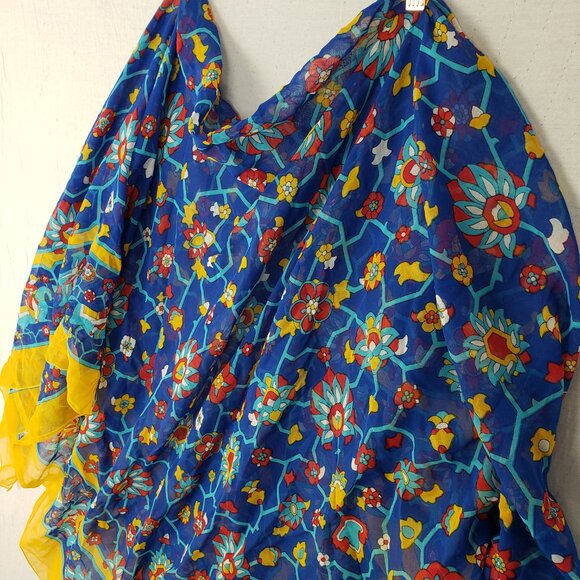 HERMES Shawl Scarf Pareo 100% Cotton Lightweight Blue Yellow Red Persian Motif - Picture 13 of 14